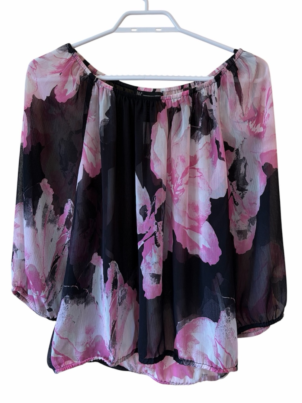INC International Concepts Pink Black Abstract Floral Semi Sheer Blouse Y2K